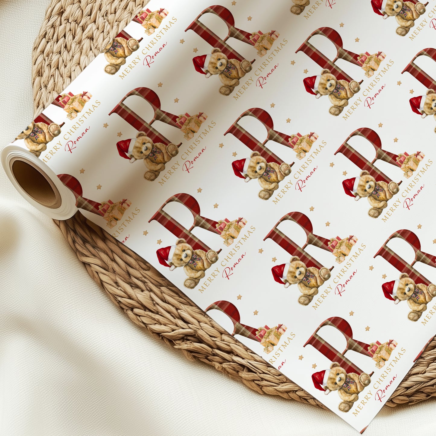 Christmas Teddy Bear Tartan Wrapping Paper, Personalised Christmas Teddy Bear Tartan Gift Wrap
