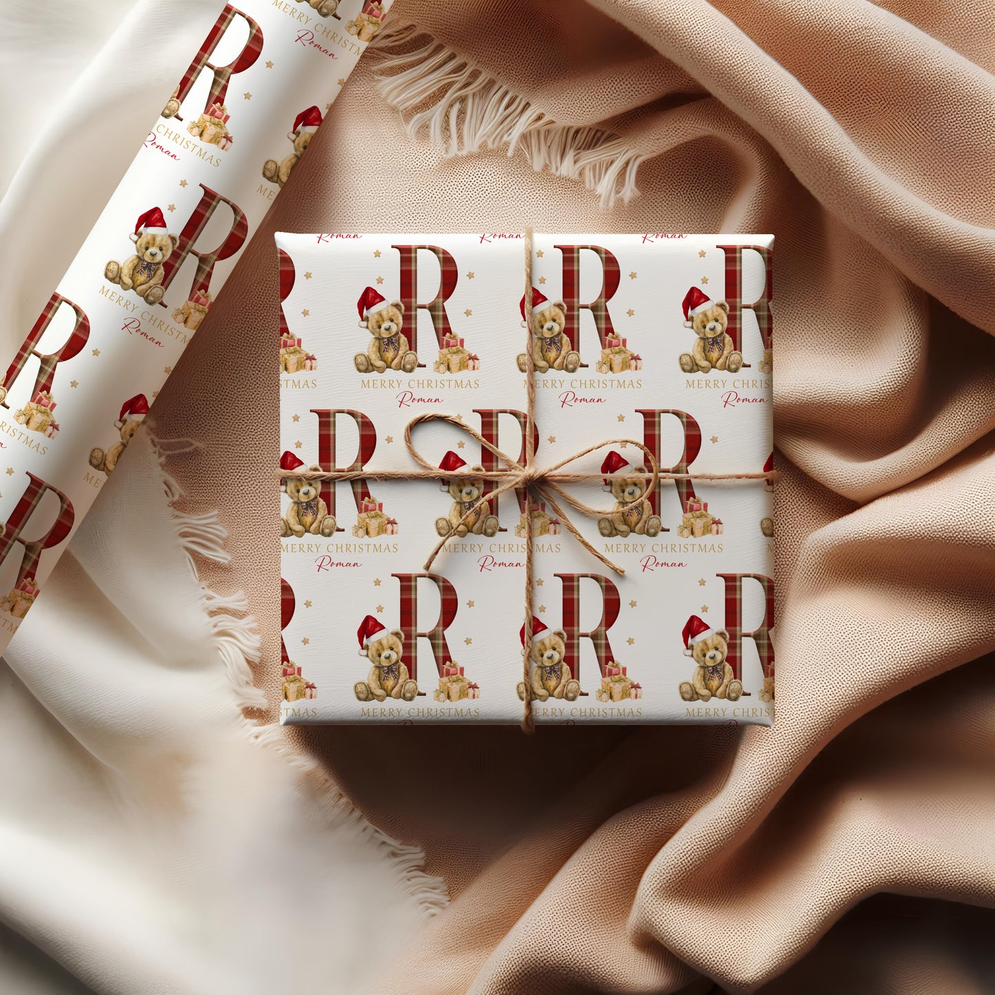 Christmas Teddy Bear Tartan Wrapping Paper, Personalised Christmas Teddy Bear Tartan Gift Wrap