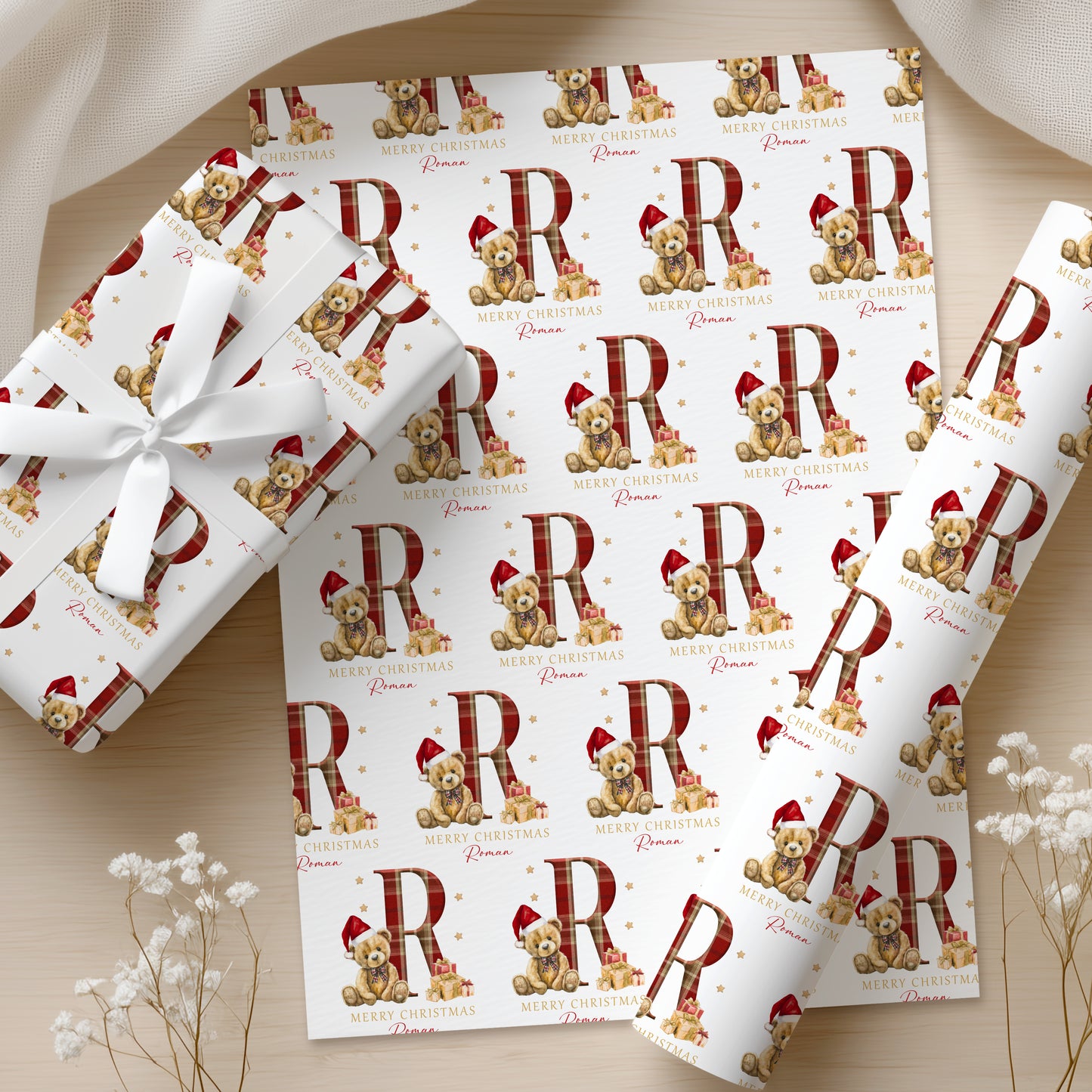 Christmas Teddy Bear Tartan Wrapping Paper, Personalised Christmas Teddy Bear Tartan Gift Wrap