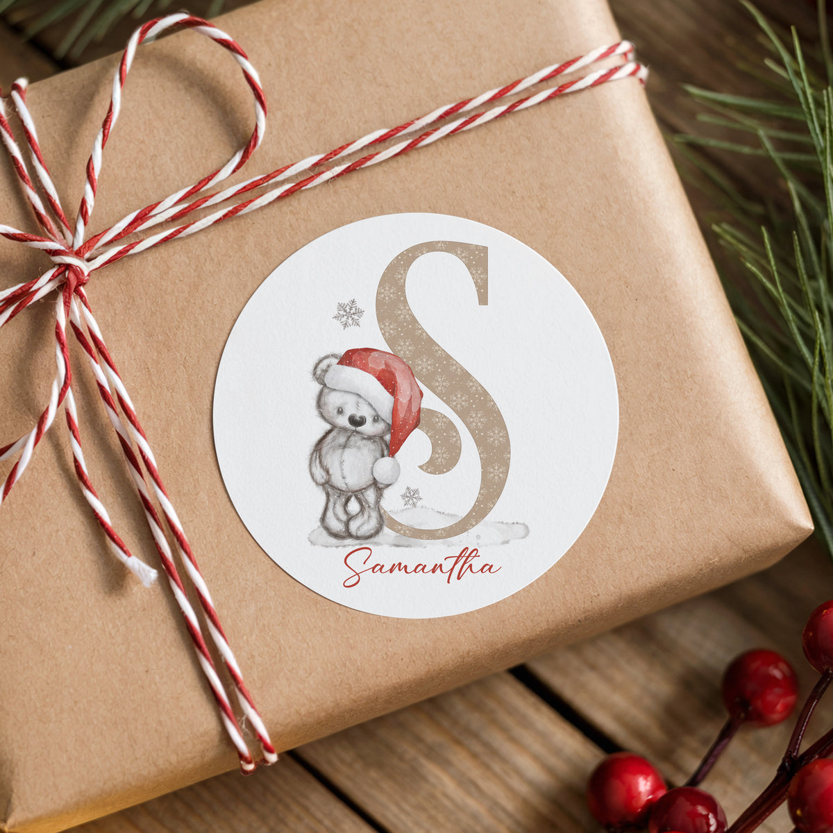 Personalised Teddy Bear Christmas Stickers – Initial Name Gift Stickers