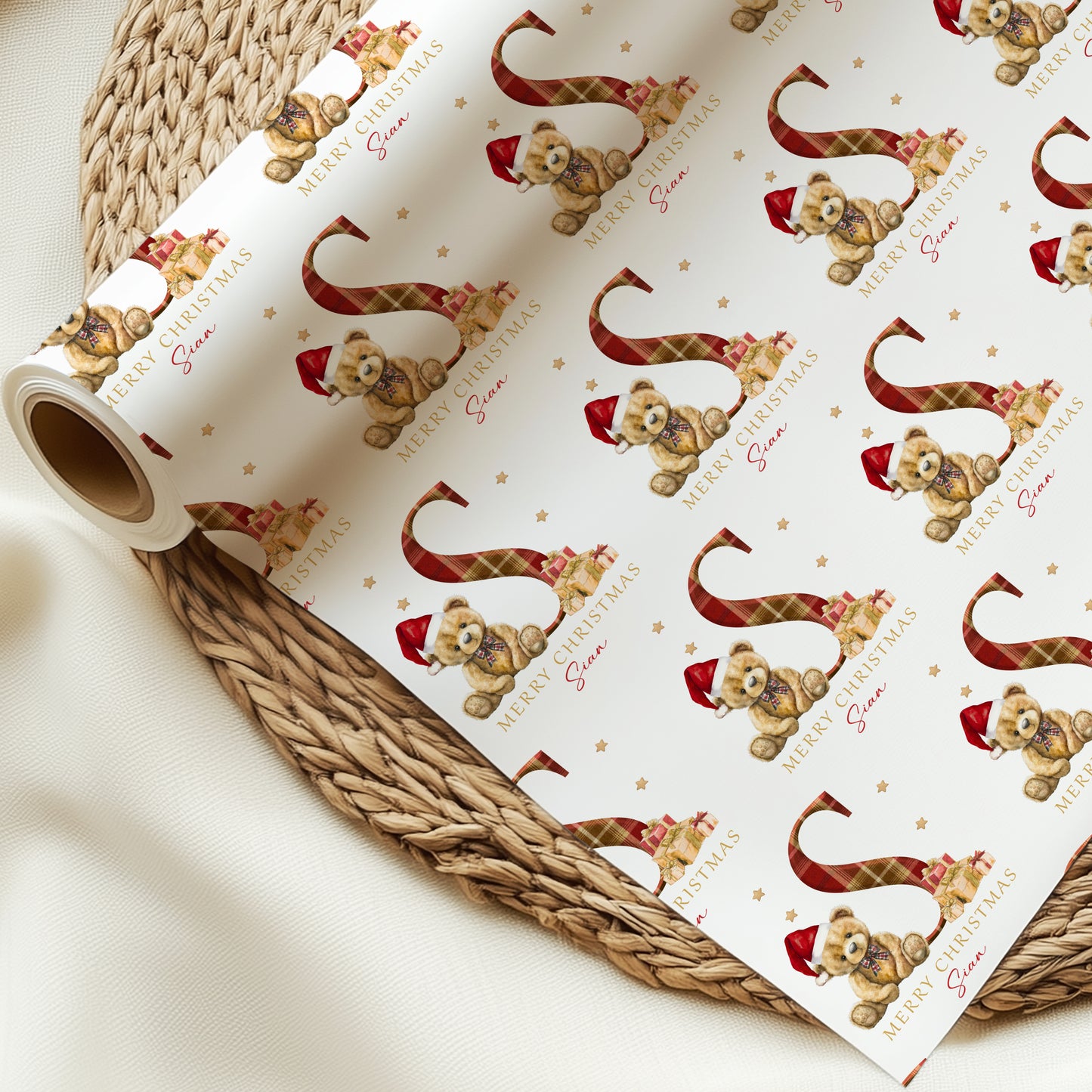 Christmas Teddy Bear Tartan Wrapping Paper, Personalised Christmas Teddy Bear Tartan Gift Wrap