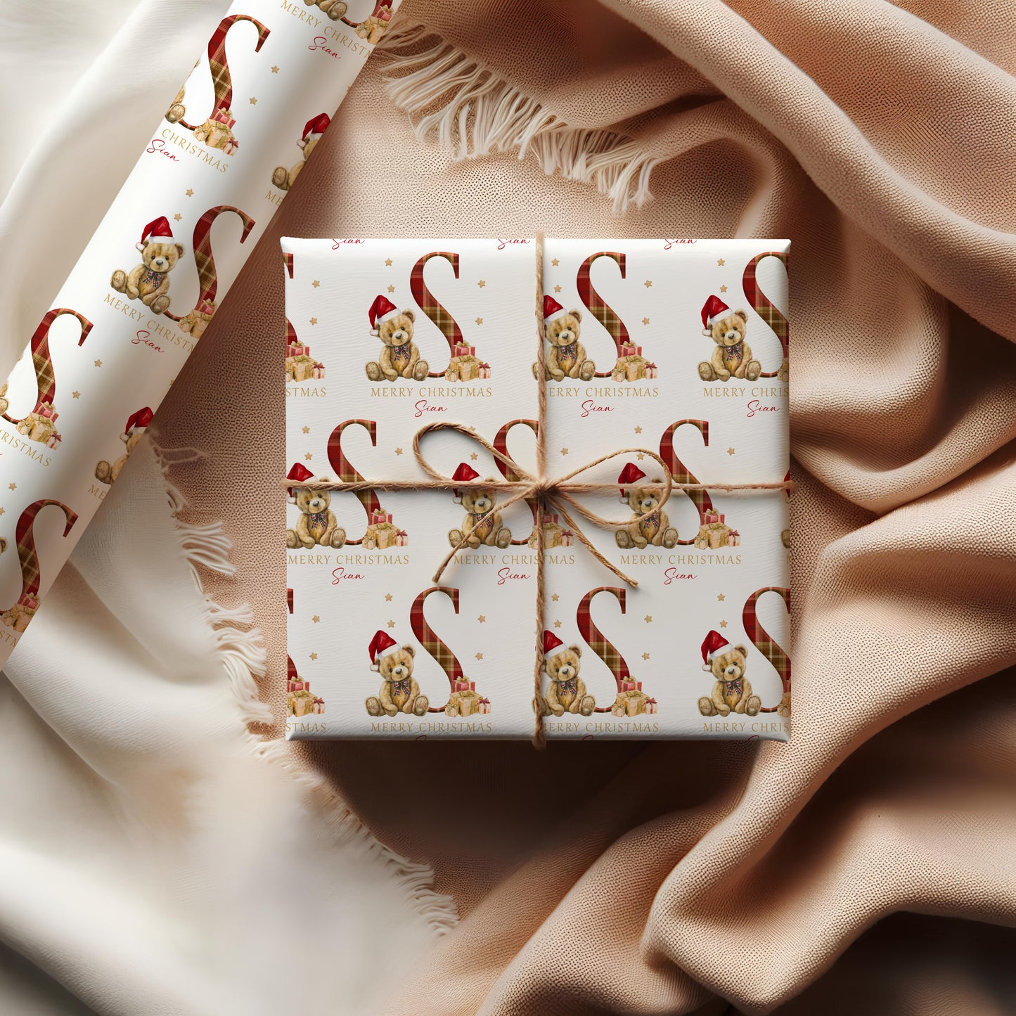 Christmas Teddy Bear Tartan Wrapping Paper, Personalised Christmas Teddy Bear Tartan Gift Wrap