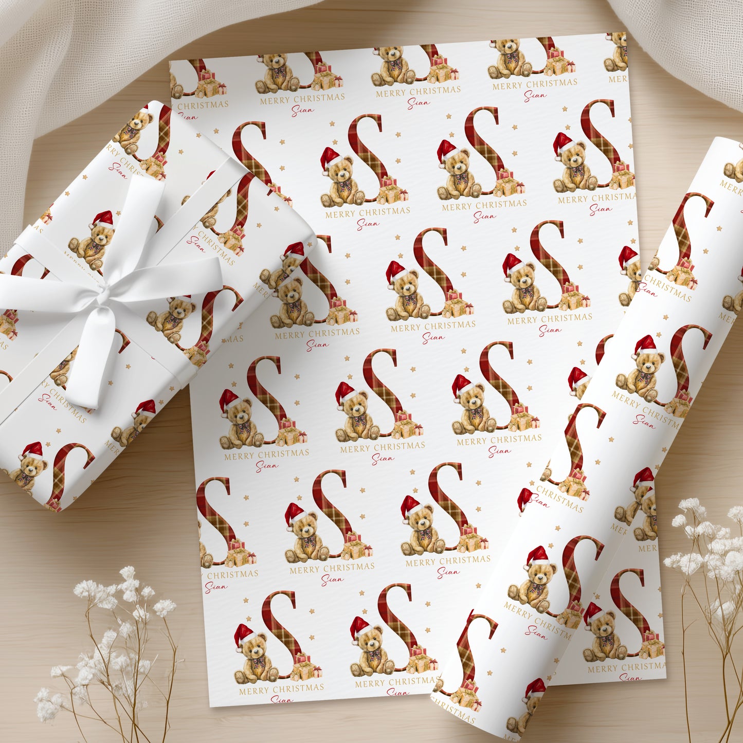 Christmas Teddy Bear Tartan Wrapping Paper, Personalised Christmas Teddy Bear Tartan Gift Wrap