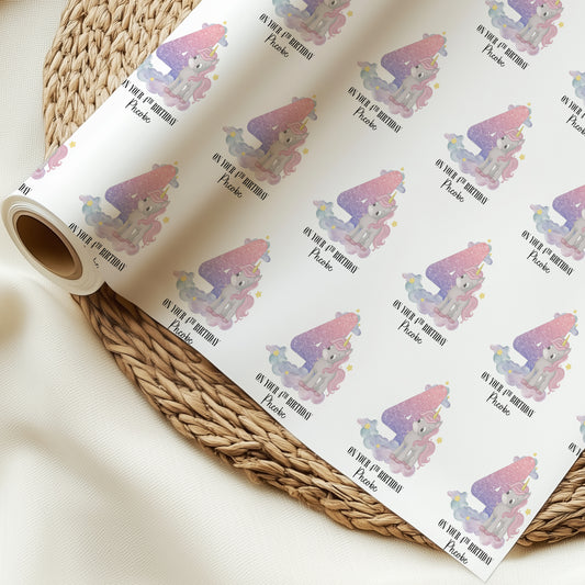 Personalised Pink Birthday Unicorn Wrapping Paper Roll