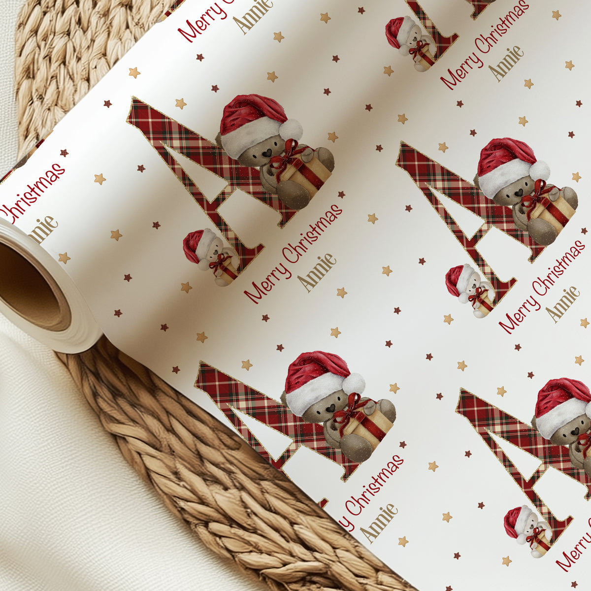 Personalised Teddy Bear Christmas Wrapping Paper – Tartan Initial Gift Wrap
