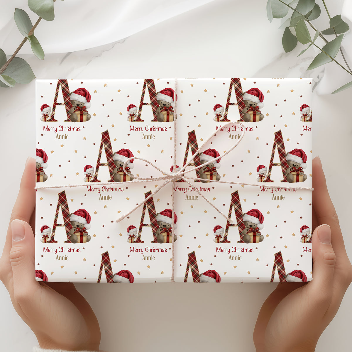Personalised Teddy Bear Christmas Wrapping Paper – Tartan Initial Gift Wrap