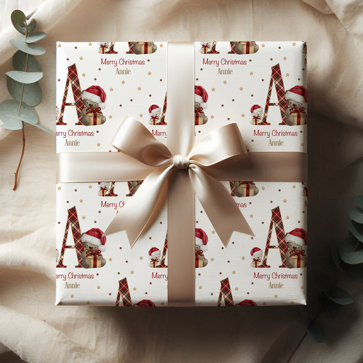 Personalised Teddy Bear Christmas Wrapping Paper – Tartan Initial Gift Wrap