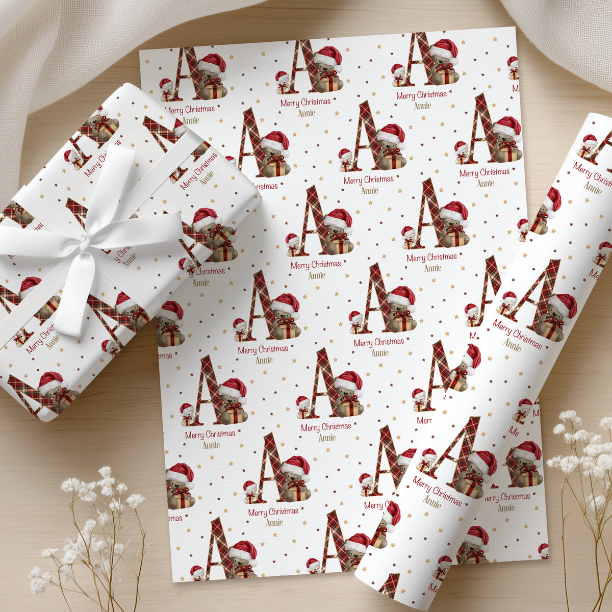 Personalised Teddy Bear Christmas Wrapping Paper – Tartan Initial Gift Wrap
