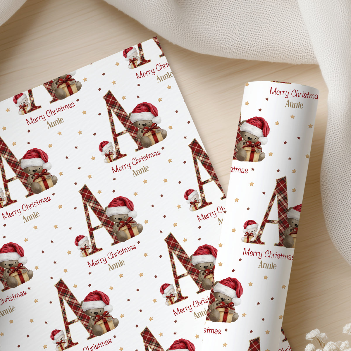 Personalised Teddy Bear Christmas Wrapping Paper – Tartan Initial Gift Wrap