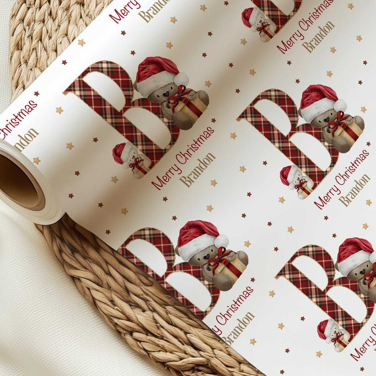 Personalised Teddy Bear Christmas Wrapping Paper – Tartan Initial Gift Wrap