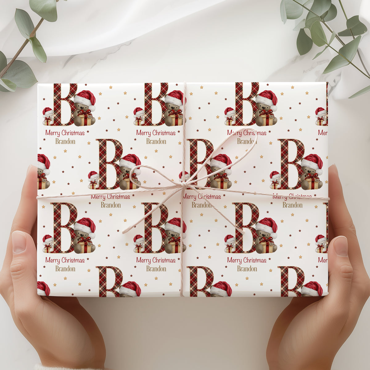 Personalised Teddy Bear Christmas Wrapping Paper – Tartan Initial Gift Wrap