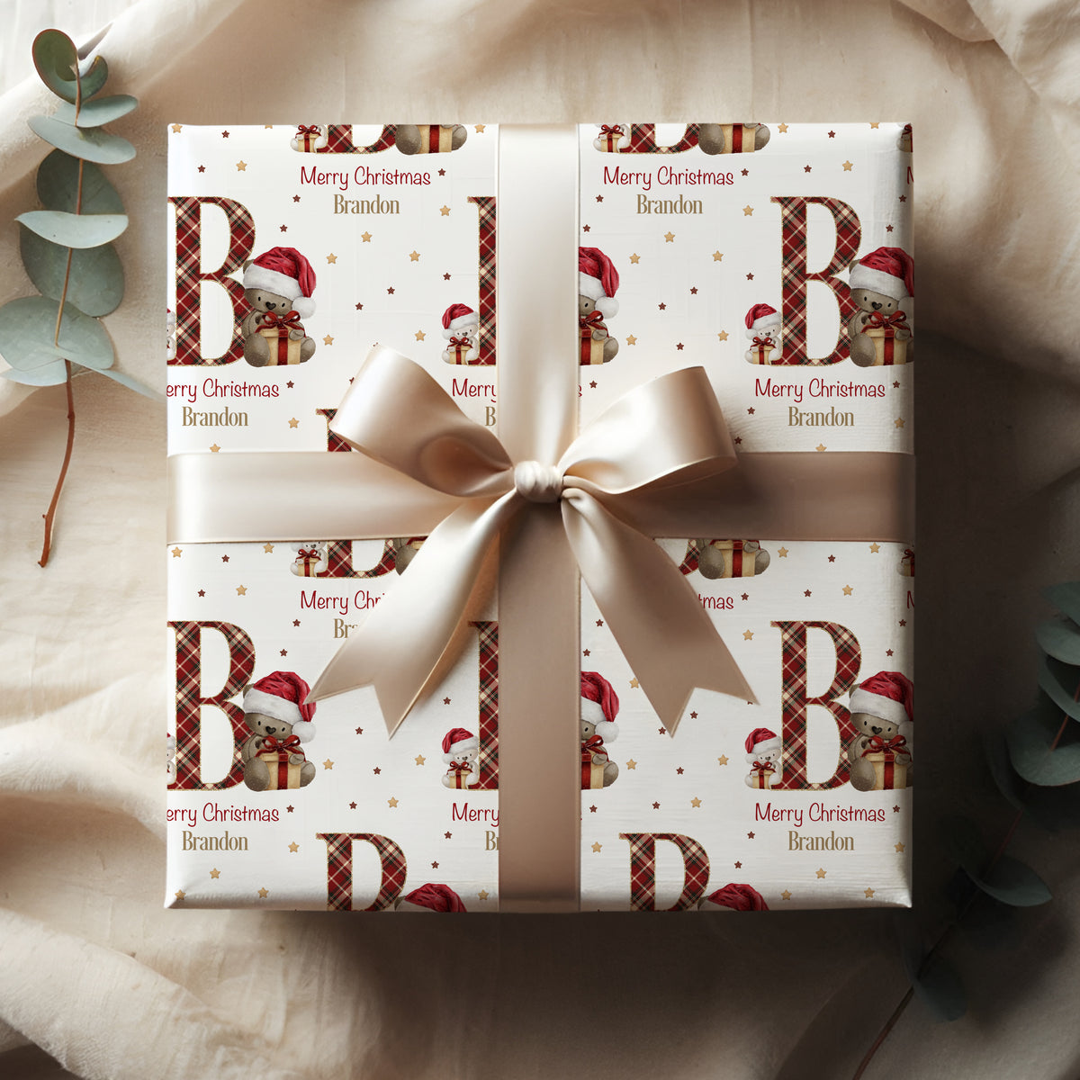 Personalised Teddy Bear Christmas Wrapping Paper – Tartan Initial Gift Wrap