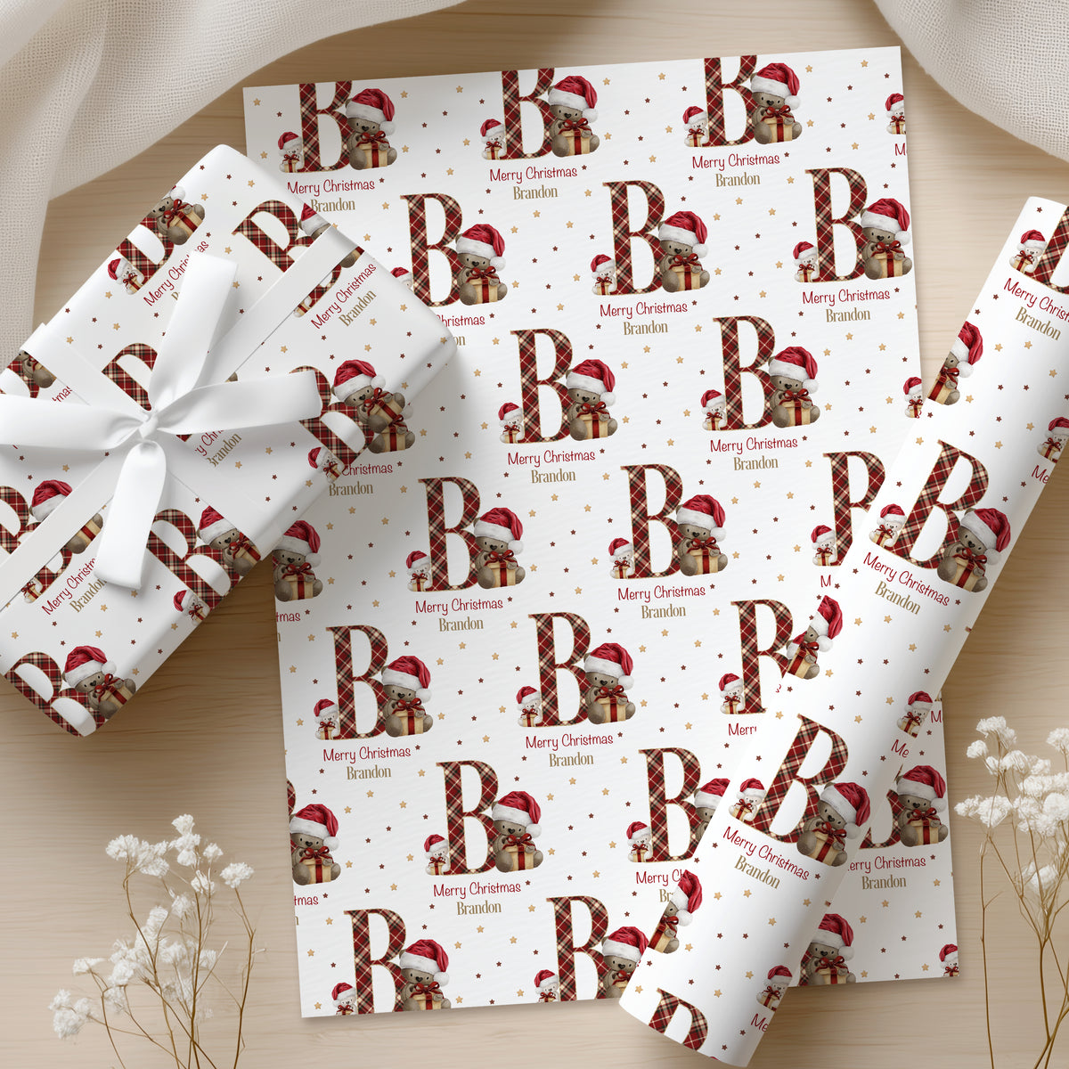 Personalised Teddy Bear Christmas Wrapping Paper – Tartan Initial Gift Wrap