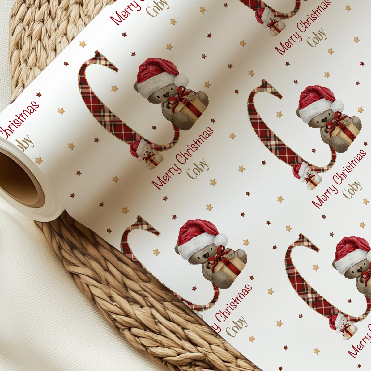 Personalised Teddy Bear Christmas Wrapping Paper – Tartan Initial Gift Wrap