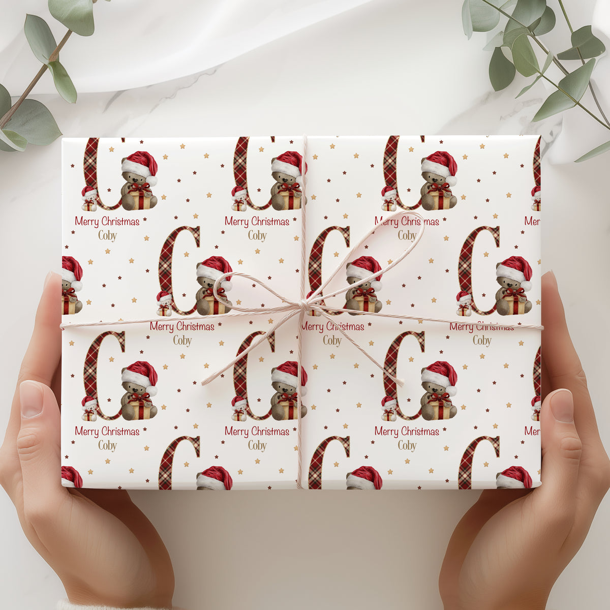 Personalised Teddy Bear Christmas Wrapping Paper – Tartan Initial Gift Wrap