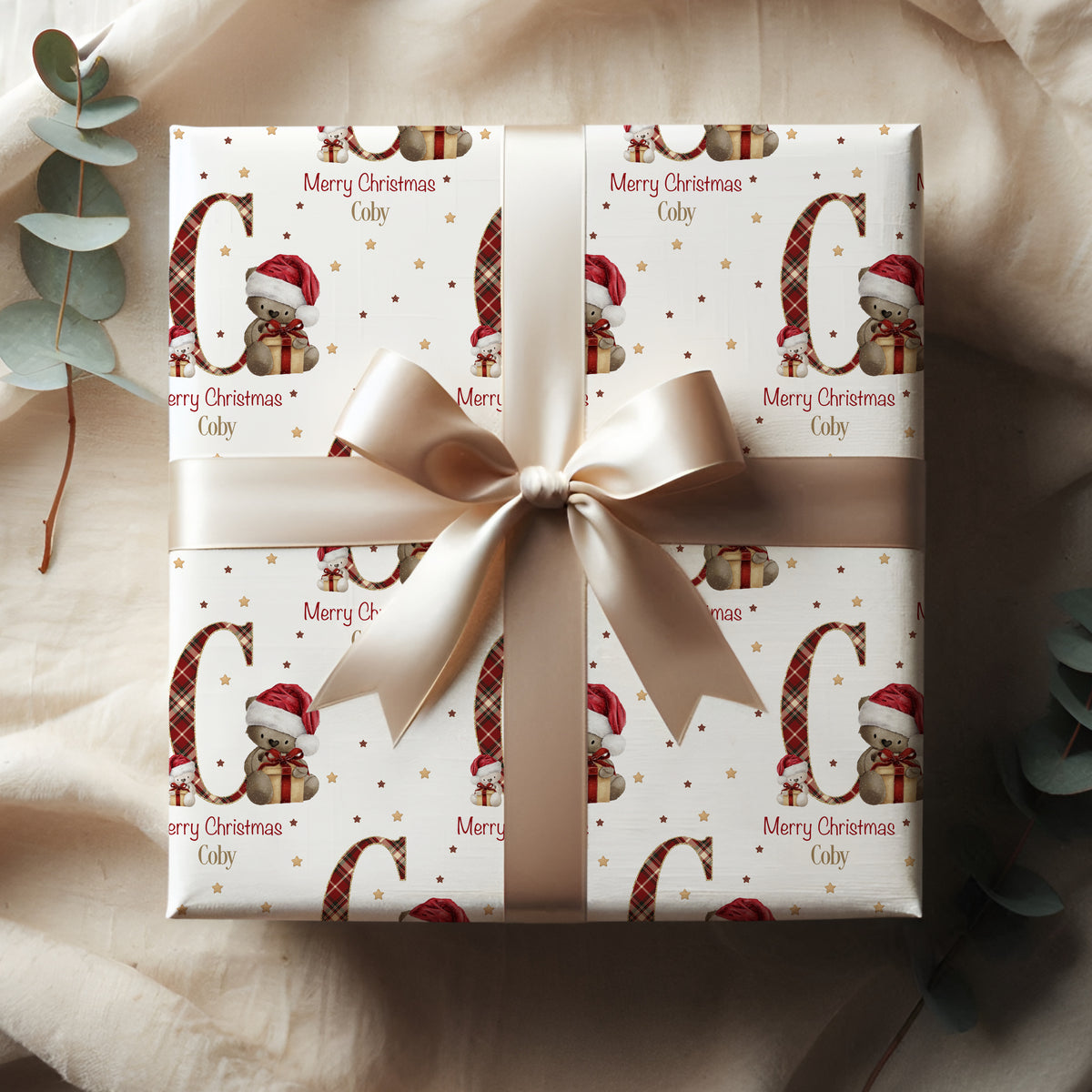 Personalised Teddy Bear Christmas Wrapping Paper – Tartan Initial Gift Wrap
