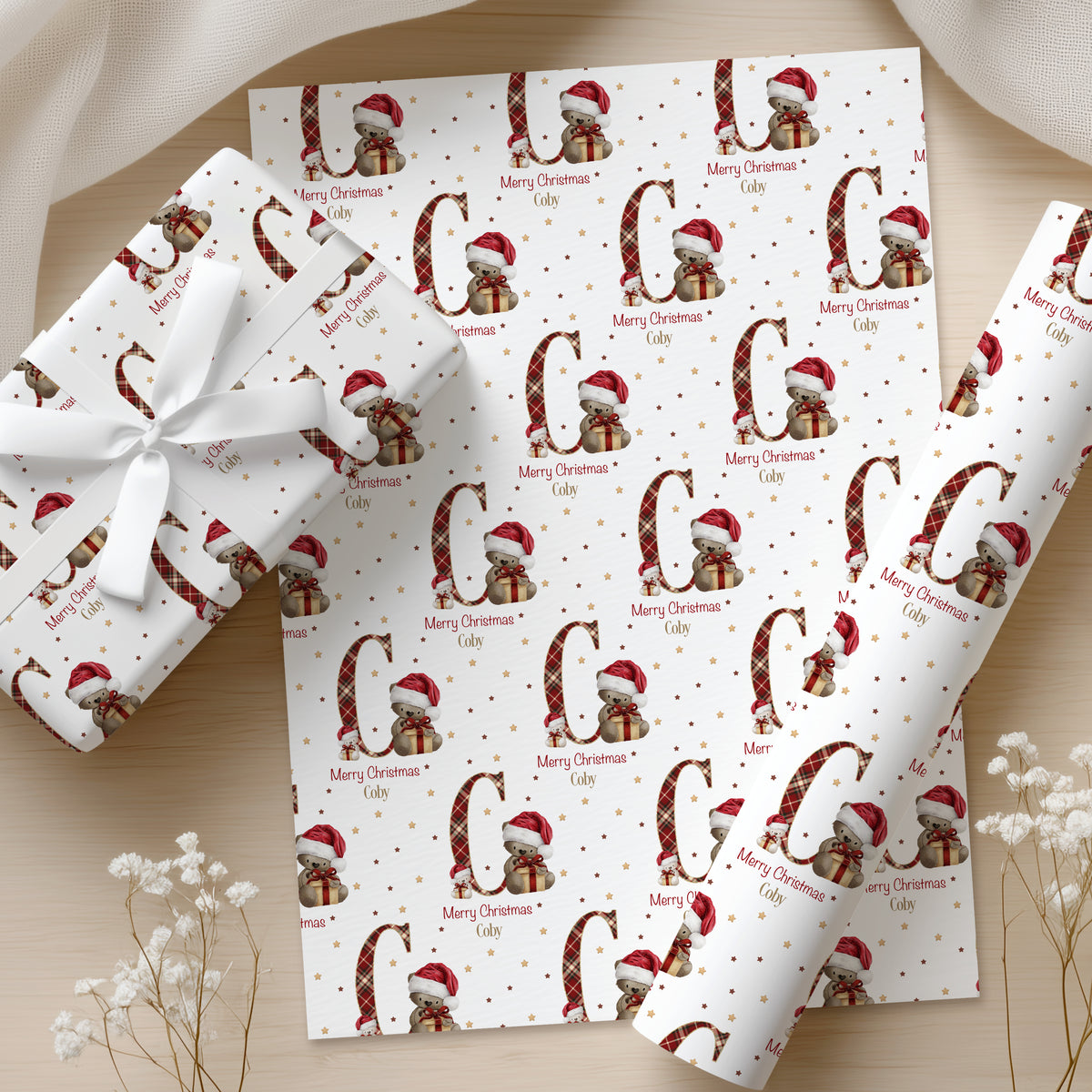 Personalised Teddy Bear Christmas Wrapping Paper – Tartan Initial Gift Wrap