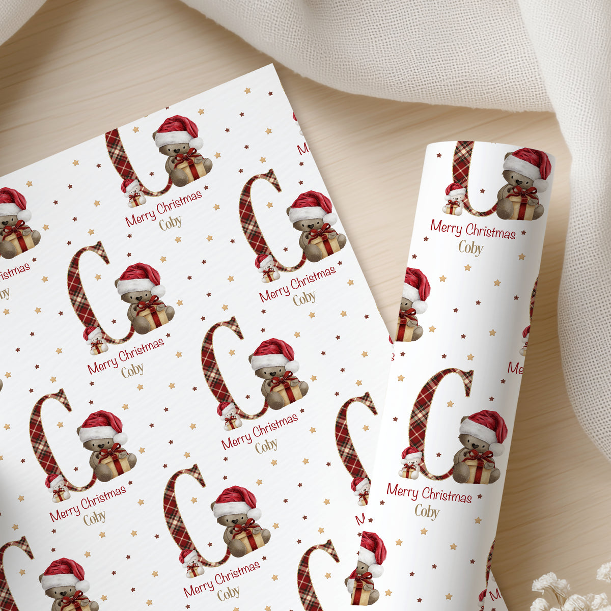 Personalised Teddy Bear Christmas Wrapping Paper – Tartan Initial Gift Wrap