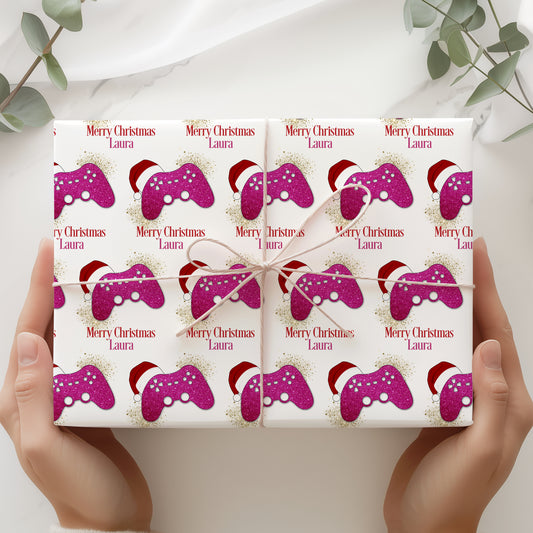 Personalised Gamer Christmas Wrapping Paper - Pink