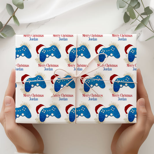 Personalised Gamer Christmas Wrapping Paper - Blue