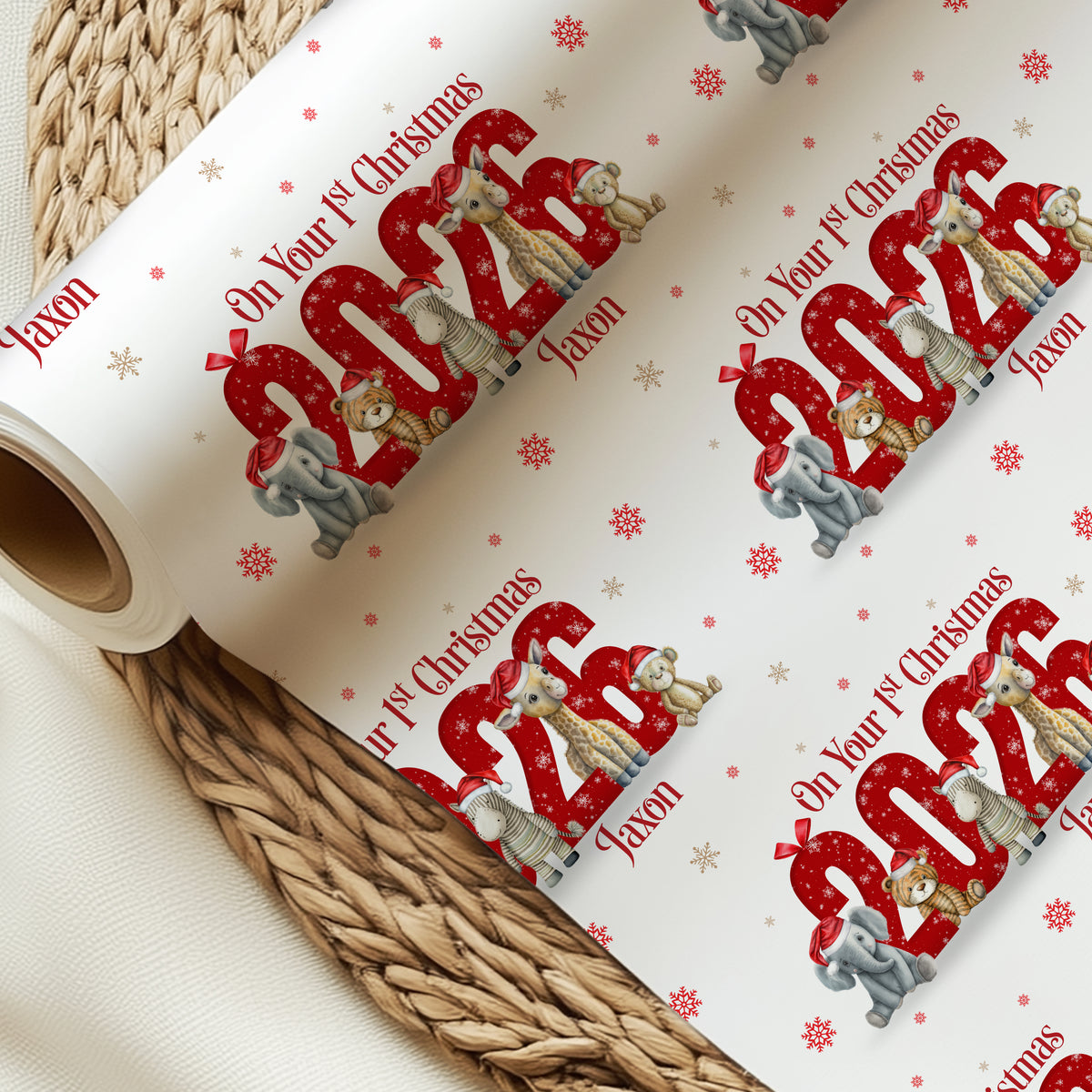 Personalised Baby's First Christmas Wrapping Paper 2026 – Safari Animals