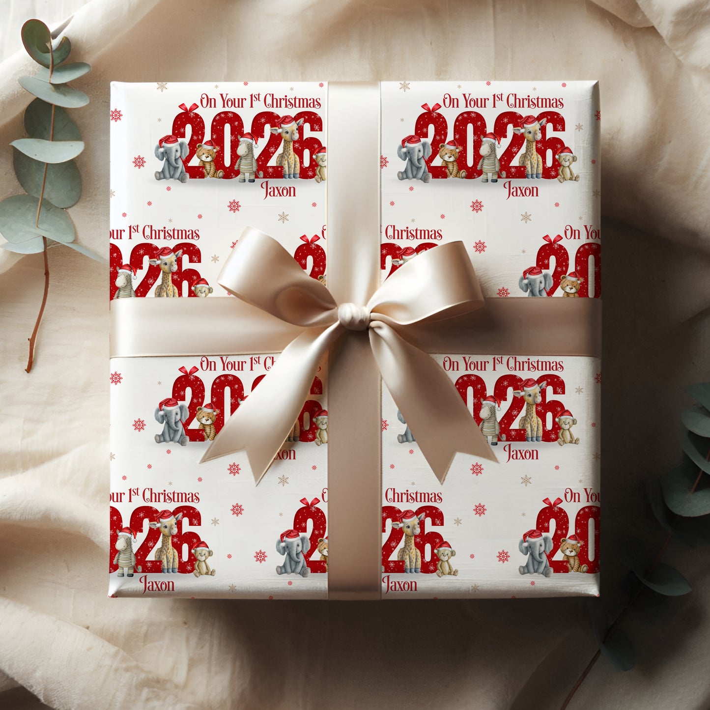 Personalised Baby's First Christmas Wrapping Paper 2026 – Safari Animals