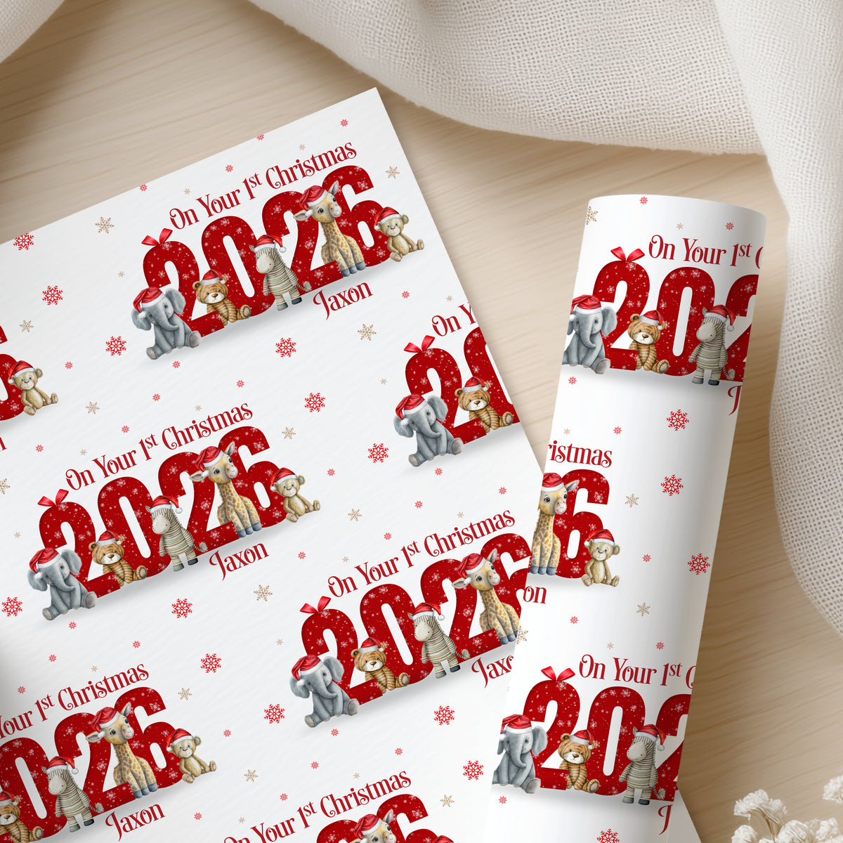Personalised Baby's First Christmas Wrapping Paper 2026 – Safari Animals