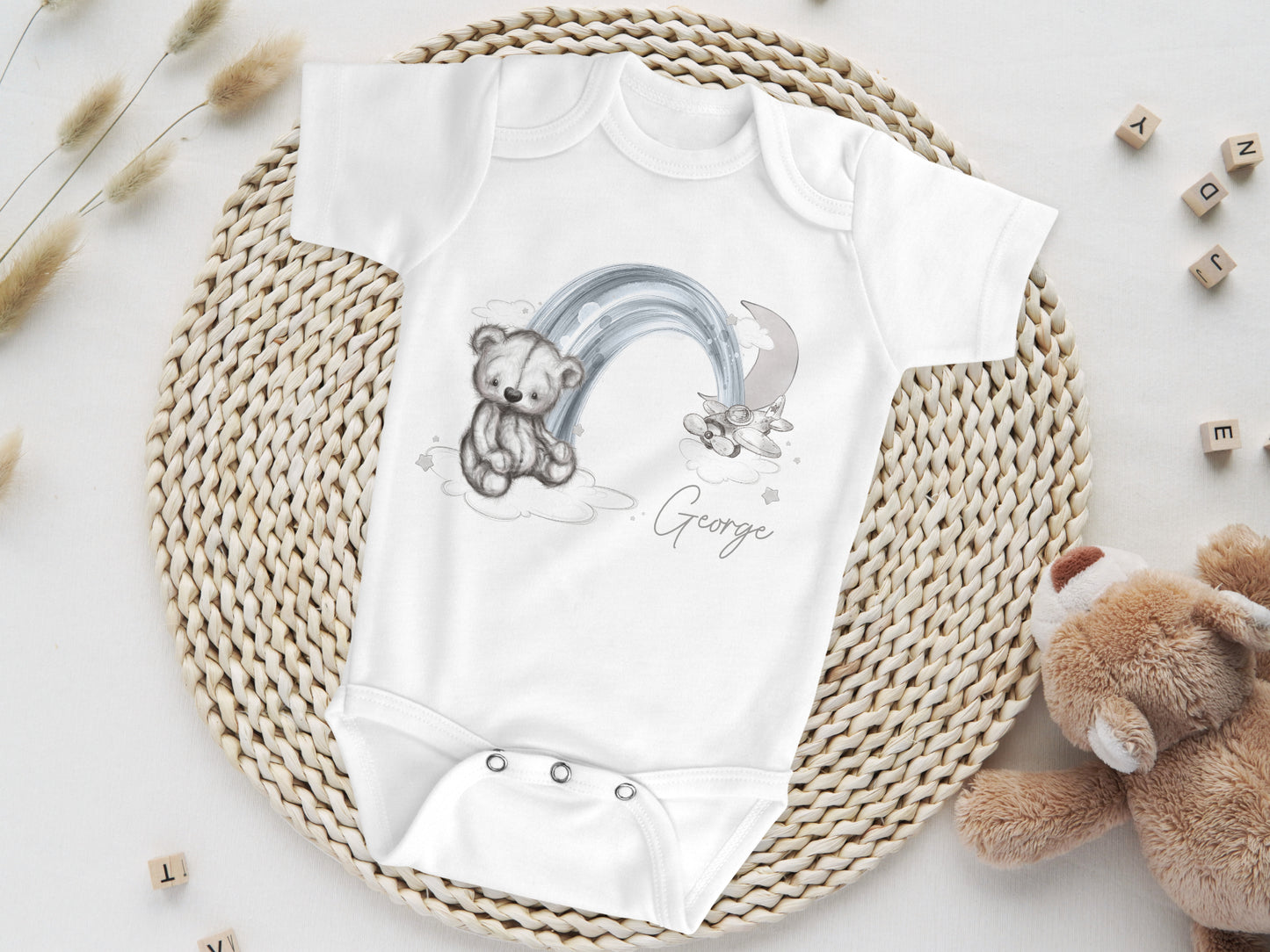 Personalised sketchy bear rainbow babygrow