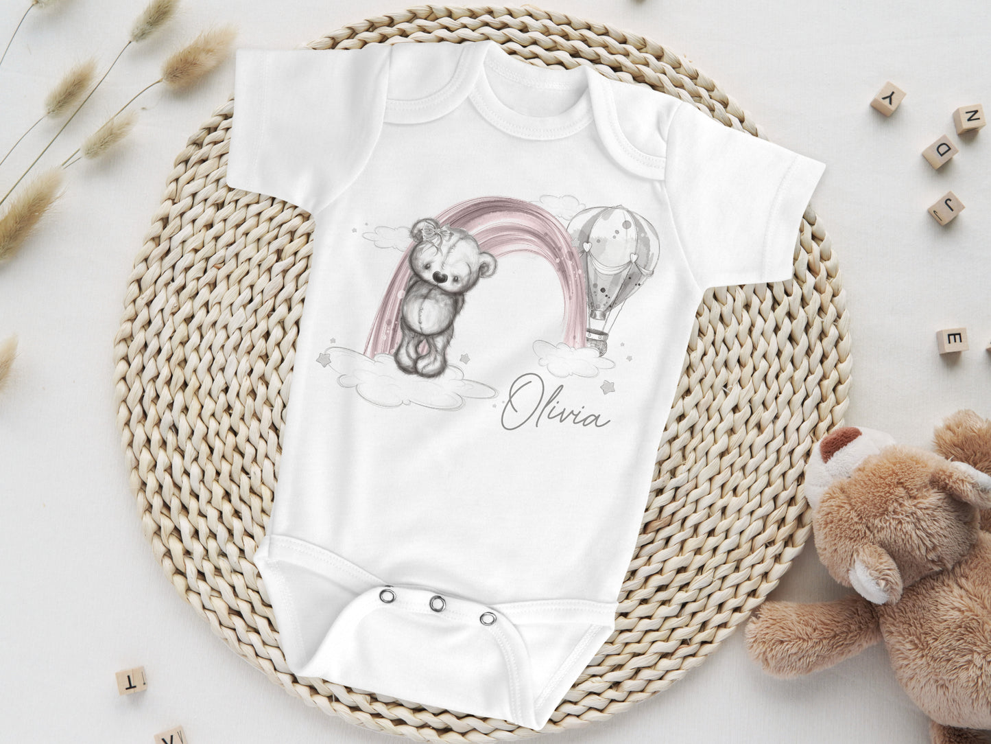 Personalised sketchy bear rainbow babygrow