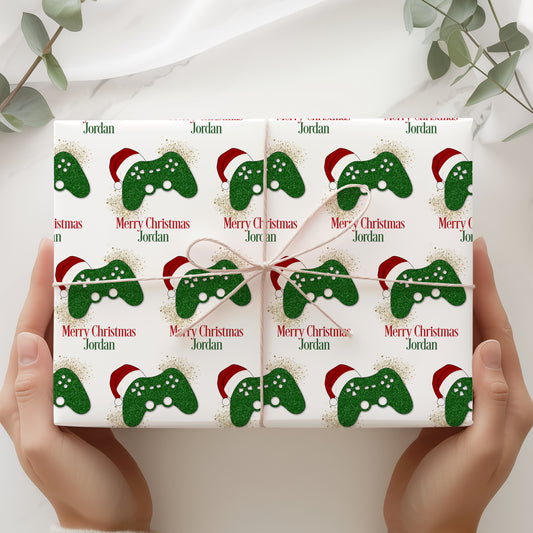 Personalised Gamer Christmas Wrapping Paper - Green