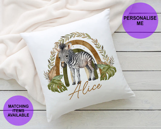 Personalised baby Zebra Cushion, cute gifts for kids, safari themed nursery accessories, new baby gift, jungle theme bedroom, nursery decor